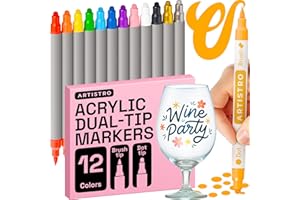 ‎ARTISTRO Artistro 12 Acrylfarbenmarker für Stoff, Steine, Papier, Holz, Leinwand, Glas, Heimwerken – Sicher für Kinder, Acrylfarbenstifte mit Doppelspitze (Doppelspitze Punkt + Pinsel, 12)