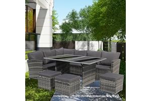 Yesuitme Garden Furniture Lounge Rattan Garden Furniture Garden Corner Sofa Set 9 Seater Rattan Sofa with table 3 Stools(Mixed Grey with Dark Cushion)