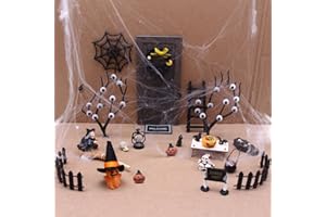 NABETA DECO Halloween Miniatur Puppenhaus Dekoration Grau Holz Wichteltür Komplettset Puppenhaus Zubehör Spinne Fledermäuse Kürbis Elfe Besen Witch Halloween Kranz Party Dekoration