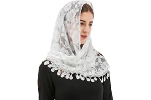 PAMOR Mass Schleier Dreieck Mantilla Kathedrale Kopfbedeckung Kapelle Schleier Spitze Schal Latein Schal, Weiss/opulenter Garten, 54inches