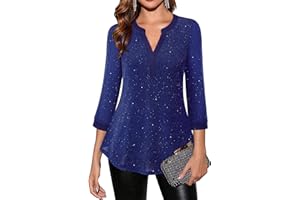 Vafoly Damen 3/4 Ärmel Oberteil Henley V-Ausschnitt Hemden doppellagig Mesh Bluse Tuniken