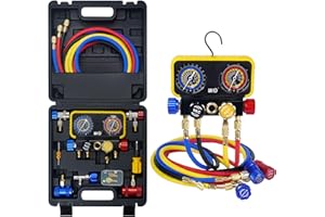 BACOENG AC R1234YF Gauge Set, Automotive 4 Way R1234yf Refrigerant Recharge Kit, R134A AC Manifold Gauge Set with 5FT Hoses for Car Charging and Evacuation