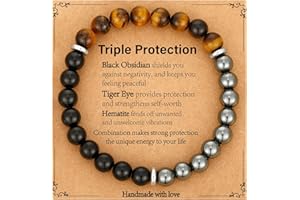 ESPVO Triple Protection Bracelet for Men, Mens 8mm Black Obsidian Hematite Tiger Eye Beaded Natural Stone Evil Eye Bracelet Jewelry Gifts for Birthday Christmas