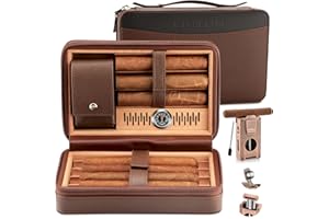 LIHTUN Zigarren-Humidor, Leder-Reise-Zedernhumidor mit 5-in-1-Multifunktions-Zigarrenfeuerzeug-Set, tragbarer Reise-Humidor und Feuchtigkeitsmesser