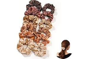 CROMPI Chouchou Cheveux Femme Et Enfant, 12 Pcs D'Accessoire Cheveux. Élastique Cheveux, Scrunchies Satin De Soie Anti-Statique, Accessoires De Coiffure Et Bed Scrunchie (Marron)