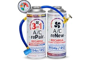 AC Complete Kit Recharge Air Conditioning Car with Oil Sealant Detector Leak Cover, Replacement Refrigerant Gas R134a R12, Pressure Gauge LP, Natural and Ecological Replacement Compatible Cars 1992-2016