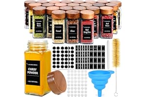 MOYKSRR Zestaw Słoiczków na Przyprawy, Słoiczki Kwadratowe z Drewnianą Pokrywką [24 x 120 ml] Słoiczki na Przyprawy z 48 Wkładkami, Etykiety, Lejek Silikonowy, Szczoteczka do Czyszczenia
