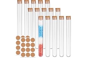 Tatxmalv 15 Pièces Tube à Essai, Tubes à Essai Transparents, Tube à Essai Plastique avec Bouchon Liège, avec Étiquettes Papier Kraft, pour Fleurs, Table de Laboratoire (16 * 150mm)