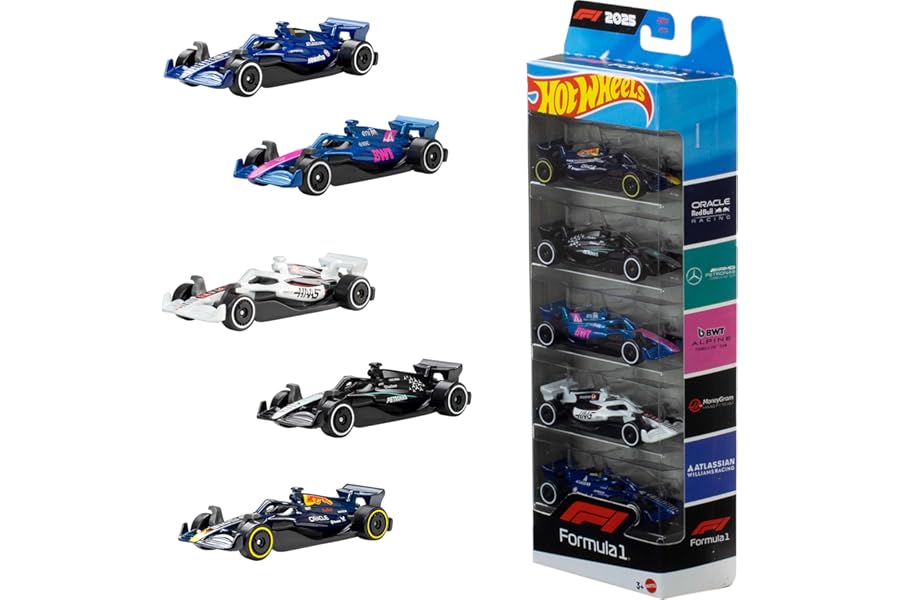 Hot Wheels Formula 1 1:64 Scale Die-Cast 5-Pack, Set of 5 Officially Licensed Race Cars, Collectible Toy Cars for Play or Display, for Kids & Collectors, JLN11