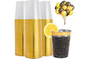PECEWLOS 50 Vasos De Plástico Con Borde De Oro, 300 ml, Vasos De Plástico Reutilizables, Elegantes Copas De Vino Para Fiestas, Champán, Cerveza, Cóctel, Martini, Refrescos, Postres (10,5 x 7,5 cm)