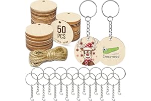 CROCOWOOD 75 UND Círculos de Madera en Blanco Set: 50 Discos de Madera 4cm + 25 Llavero de Madera + 5m Cuerda - Rodajas de Madera Círculos Rebanadas para Manualidades Llavero Madera