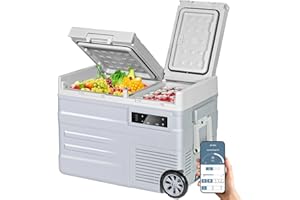ELECAENTA 40,6L Nevera Portátil Eléctrica, UD45 Refrigerador de Coche 12V/24V CC o 100-240V CA, 20ºC a 20ºC Mini Nevera de Coche Para Acampar, Viajar, Camión, Barco, Con Barra de Tracción y Ruedas - Gris