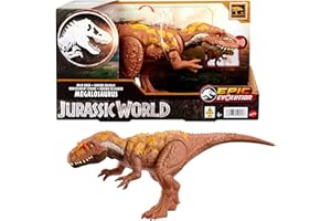 Mattel Jurassic World Groźny Ryk Megalozaur Figurka dinozaura z rykiem i funkcją ataku, do ustawiania w różnych pozach, zabawa realna i wirtualna HTK73