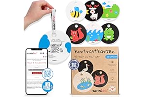 HANNIline® Kontrastkarten Baby [Made in EU] 20 Bilder 11 Karten Baby Spielzeug ab 6 Monate | mit Schlaufe, Elternratgeber, Online-Sounds und Stories | Montessori Spielzeug Baby Spielzeug Baby