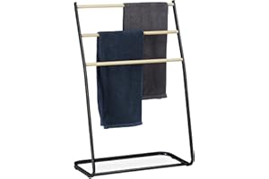 Relaxdays Portasciugamani da Terra, 3 Aste Effetto Legno, Accappatoi, Salviette e Indumenti, HLP: 86 x 58 x 30 cm, Nero