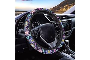 Wanyint Soft Elastic Car Steering Wheel Cover for Women, Universal 15 Inch Anti-Slip Easy to Install Auto Accessories, Hippie Flower Lotus Violet Blue