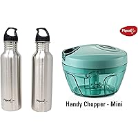 Pigeon by Stovekraft New Handy Mini Plastic Chopper with 3 Blades, Green & Stainless Steel Water Bottle, 750ml (Set of 2) Combo