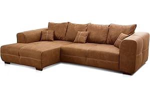‎CAVADORE Cavadore Ecksofa Mavericco / XXL Eckcouch Inkl. Rückenkissen und Zierkissen / Longchair links / Industrial Style / 285 x 69 x 170 (BxHxT) / Mikrofaser Cognac