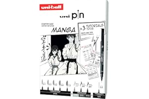 uni-ball - Mitsubishi Pencil - Coffret d’Initiation au Dessin Manga Uni Pin - 8 Feutres Pointes Calibrées Ultra-Fines à Moyennes et Brush - 1 Porte-Mines Shalaku S - 3 Planches Tuto