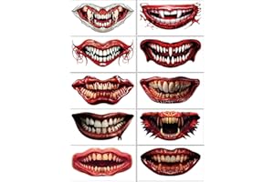 FLYFTREY 10 Fogli Halloween Tatuaggi Temporanei, Tatuaggio Viso Bocca Cranio Scheletro Clown horror sanguinante Braccio Corpo Tattoos Adesivi per Donna Uomini Adulti Makeup Masquerade feste Party Puntelli