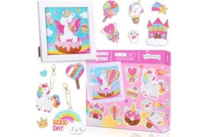 AmzKoi Diamond Painting Kit Completo Niños, DIY 5D Pintura Diamante Unicornio con Marco de Madera 23 Piezas Pegatinas de Diamantes 2 Piezas Llaveros, 5d Diamond Painting Regalo para Niños para Navidad
