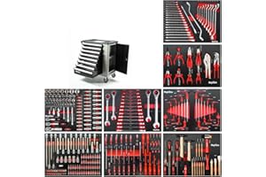 Mephisto Tool Trolley with Stainless Steel Shelf and 8 Drawers 8 of which with Tools such as Ring Spanner, Ratchet with Nut Box etc. in Soft Inlays in Carbon Look Filled Drawers