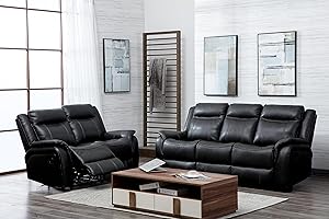 Furnishings For Less UK 2 Piece Leather Aire Reclining Sofa Suite Black Recliner Hampshire 3 Seater and 2 Seater (3 + 2 Sofa Suite, Black)