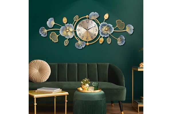 Lafocuse 91 x 35 cm metall unik lyxig ginkgoblad väggklocka batteridriven, tyst modern art deco stora blå och guld väggklockor, väggdekor för vardagsrum kök kontor