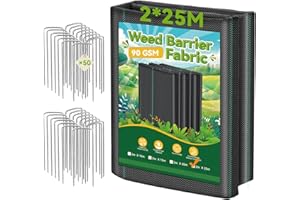 Domusensus Weed Control Membrane 2m x 25m - with 50 U-Shaped Garden Pegs Heavy Duty Weed Control Barrier Fabric Landscape for Vegetable Garden, Garden, Water Permeable Fabric,Black Woven Ground Cover