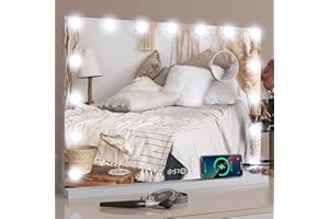 YOURLITE Miroir Maquillage Hollywood pour Coiffeuse 58x45cm, Affichage Température et Heure, Port de Chargement USB et Loupe 10x, 3 Modes Luminosité Réglable, 15 Ampoules LED, Blanc