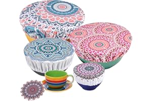 PHOGARY 5 coperture per alimenti, riutilizzabili, in tessuto, con elastico, coperchio estensibile, in tessuto impermeabile, per ciotola in vetro alato, Modello Mandala A