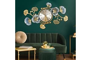 Lafocuse Cichy nowoczesny duży zegar ścienny do salonu, dekoracyjne zegary ścienne z połowy wieku do domowej kuchni, metalowy liść miłorzębu, 80 x 45 cm