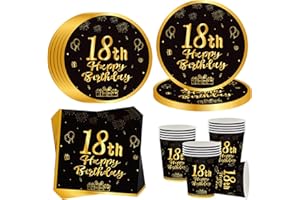 OMZSXK 18. Geburtstag Partygeschirr für 16 Gäste - Schwarz Gold 18. Geburtstag Partyteller, Pappteller, Becher, Servietten für Männer und Frauen - Happy Birthday Decor