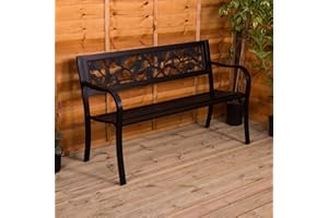 Garden Vida Banc de jardin en acier, motif rose, 3 places, meuble d’extérieur, pour parc et patio