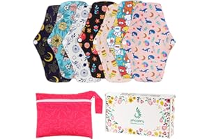 PHOGARY Zestaw 7 dużych podpasek higienicznych wielokrotnego użytku ze skrzydłami, bambusowe podkładki materiałowe do intensywnego przepływu z 1 torbą na mokro, nadające się do prania, wkładki do