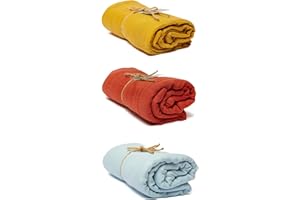 BEBICCO Lot de 3 Langes bébé 120x120cm en Coton Bio & Bambou - Moutarde/Rouge/Bleu Ciel. Couverture d'emmaillotage: Douce, Légère, Respirante, Polyvalente- Idéale comme Cadeau