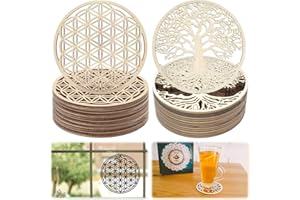XSHAO® 20 Pcs Fleur de Vie en Bois/Arbre de Vie Bois, Dessous de Verre Rond 10x10cm pour Méditation/Maison/Décoration/Salle à Manger