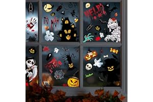 PYUE Halloween Decorations Window Stickers 164 Pcs / 15 Sheets, Halloween Window Clings Double Side Stickers Reusable Window Decorations Witch Spider Bat Cat Pumpkin Ghost etc for Halloween Party
