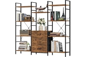 OYRREU 120W x142Hcm Alta Libreria con 3 Tessuto Cassetti, 10 Cubi Libreria Scaffale Legno Rustico, Verticale&Salvaspazio, Scaffale Librerie per Soggiorno, Camera da Letto, Cameretta, Cucina, Giardino