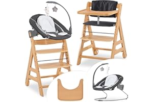 hauck - Chaise Haute Bébé Alpha Move Newborn Set Deluxe - Évolutive dès Naissance avec Transat Bebe Inclinable, Réducteur, Coussin, Tablette Repas - Naturel