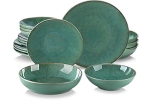 vancasso Karst Reactive Glaze Dinner Sets, Stoneware Vintage Look Green Dinnerware Tableware, 16 Pieces Dinner Service Set for 4, Include Dinner Plate, Dessert Plate, Pasta Bowl and Cereal Bowl