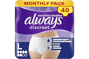 Always Discreet Incontinence Pants Women Large, UK Size 16-22, White, Absorbency 5, 40 Disposable Underwear , Knickers (10 x 4 Packs), Heavy Bladder Leak Protection , Maternity Postpartum Pants