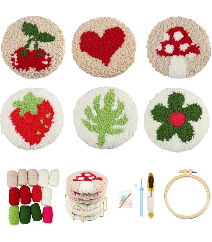 Allazone Kit Punch Needle Broderie - Lot 8 Sous-verres Fleurs Avec Cerceau Et Accessoires - Débutants