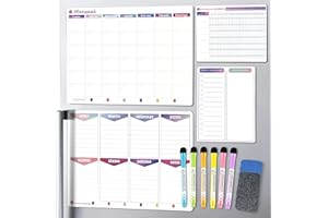 KYONANO Calendario Magnético para Nevera 4 Piezas - Incluir Planificador Semanal&Mensual Magnetico, Seguimiento habitual y planificación diaria - Pizarra Magnética con 6 Rotuladores de Color, Borrador