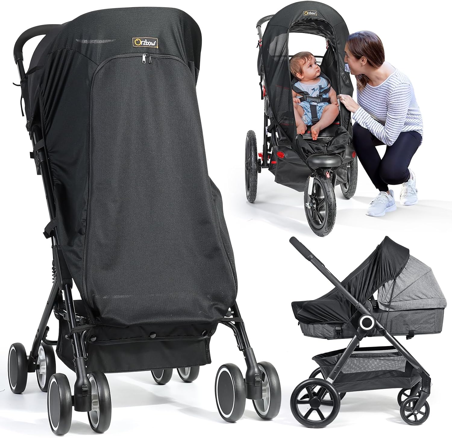 Orzbow Universal Pram Sun Shade, Breathable Sun Shade for Pram with Zip Window, UPF 50+ Stroller Sun Shade with PES Woven Fabric, Blackout Blind Pushchair Sun Shade Cover, Block 99% of UV, Black
