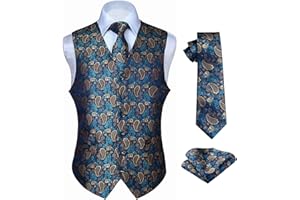 HISDERN Chaleco y corbata de jacquard floral paisley clasico para hombre y traje de chaleco cuadrado de bolsillo