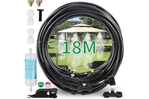 HYDROGARDEN Brumizador Terraza Exterior Kit de Riego Sistema de Brumizador Exterior 18M con Filtro de Agua 20 Boquillas de Niebla con Junta en T, Kit de Manguera Brumizador por Niebla para Jardín Sombrillas