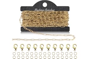 DRAUPNIR 5m Chaînes Doré, 3x9mm Chaîne en Acier Inoxydable pour Création Bijoux Avec 10 Fermoirs à Homard et 20 Anneaux Saut Kit Fabrication Bijouxs pour DIY Fabrication, Breloques, Artisanat