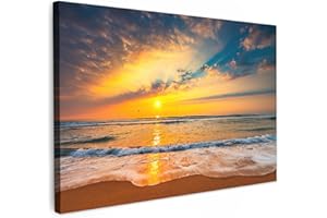 MuchoWow© Stampe su Tela 90x60 cm Foto Quadri Moderni Camera da Letto Canvas Quadro Salotto Decorazione Parete Alba - Spiaggia - Mare - Nuvole - Arancione