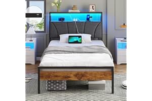 Brinlawb Cadre de Lit 90x190 avec sommier Métal, Lit 1 Personne avec lumières LED, Multiprise (2 Prises CA, 2 Ports USB) lit 90x190cm en métal avec Rangement, Facile à Assembler Marron Vintage+Gris